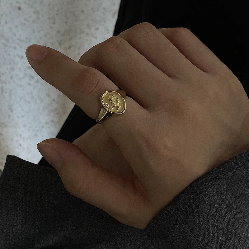 

Peri'sBox Irregular Shape Round Coin Portrait Gold Rings Textured Geometric Rings for Women Minimalist Open Ring Adjustable 2019