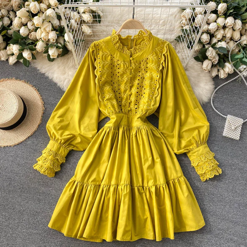 

Fashion Embroidery Lace Dresses For Women 2021 Clothing Stand Collar Lantern Long Sleeve Vintage Elegant Dress