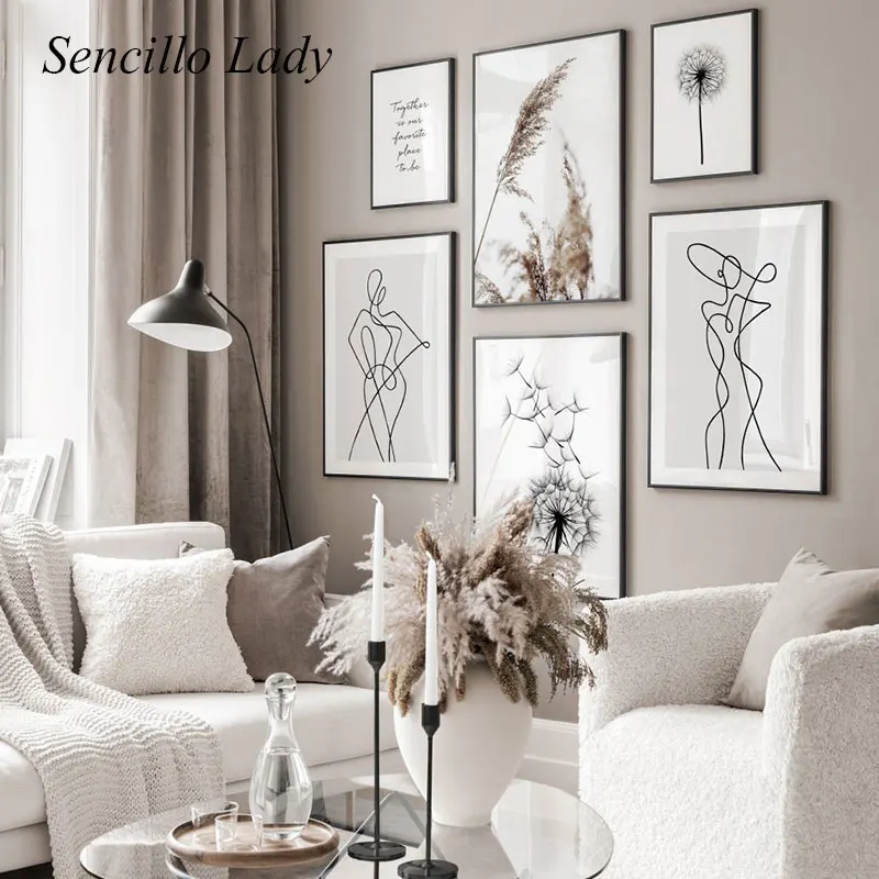 

Line Drawing Abstract Painting Black White Dandelion Nordic Poster Minimalist Art Print Scandinavian Home Decoration Picture