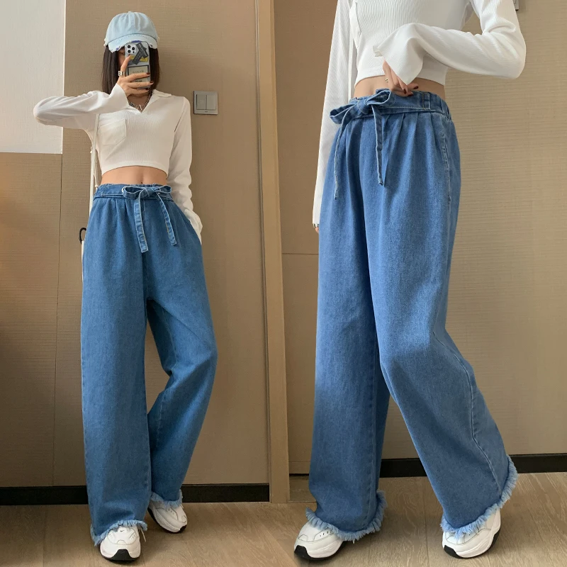 Jeans women's 2022 spring and autumn new high waist bandage is thin and versatile straight tube wide leg pants size 230 Jin