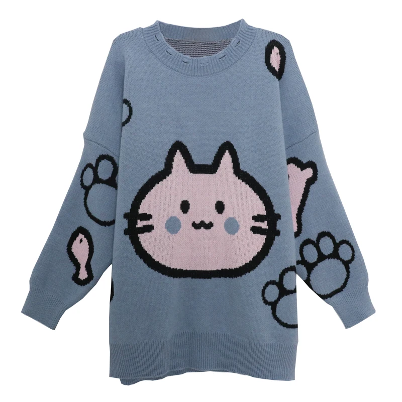 

Winter Autumn Korean Style Women Thick Casual Loose Cartoon Cat Kawaii Sweet Sweater Female Hollow O-Neck Soft Pullover Knitwear