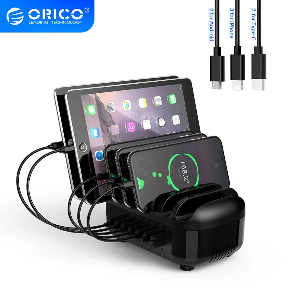 ORICO-estación de carga USB con 7 Cables para iPhone, teléfono móvil, iPad, Kindle, Watch, cargador de batería