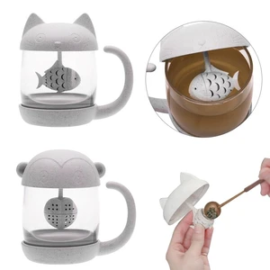 250ml High Quality Cat Glass Tea Mug Cup with Fish Tea Infuser Strainer Filter Office Tea Glass Bottle  Cute Cup with Lid