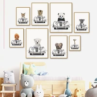 cute animals sitting in the car art canvas painting alpaca giraffe koala nordic posters and prints wall picture kids room decor