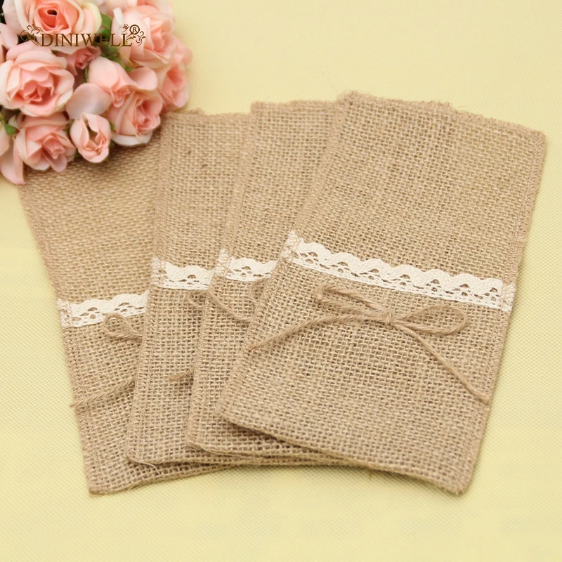 Мешковина льняной кружевной мешочек для столовых приборов рустикальная