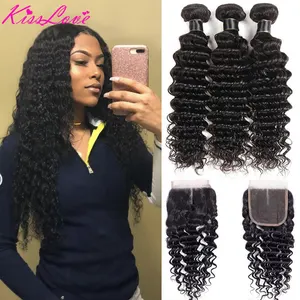 Бразильские волосы Kiss Love, глубокая волна, пряди с закрытием, человеческие волосы, 3 пряди, с кружевной застежкой, средние пропорции, волосы Remy