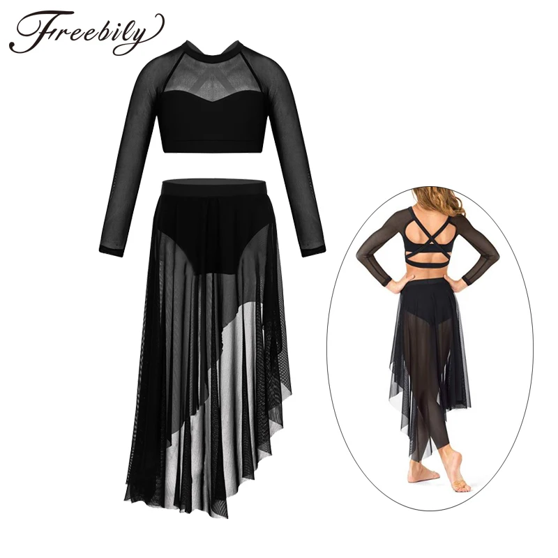 

Kids Girls Ballet Dress Long Sleeve X-Back Crop Top with Tulle Skirt Set for Celebration of Spirit Praise Lyrical Dance Costumes