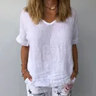Женские винтажные футболки из хлопка и льна, однотонные белые летние футболки с V-образным вырезом и короткими рукавами, размера плюс
