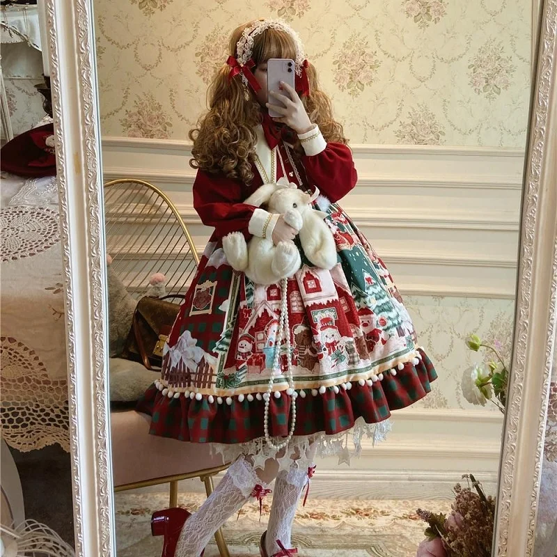 

Autumn Winter Women Sweet Lolita Op Dress New Year Christmas Cartoon Print Dress Girls Kawaii Bow Party Red Princess Dresses