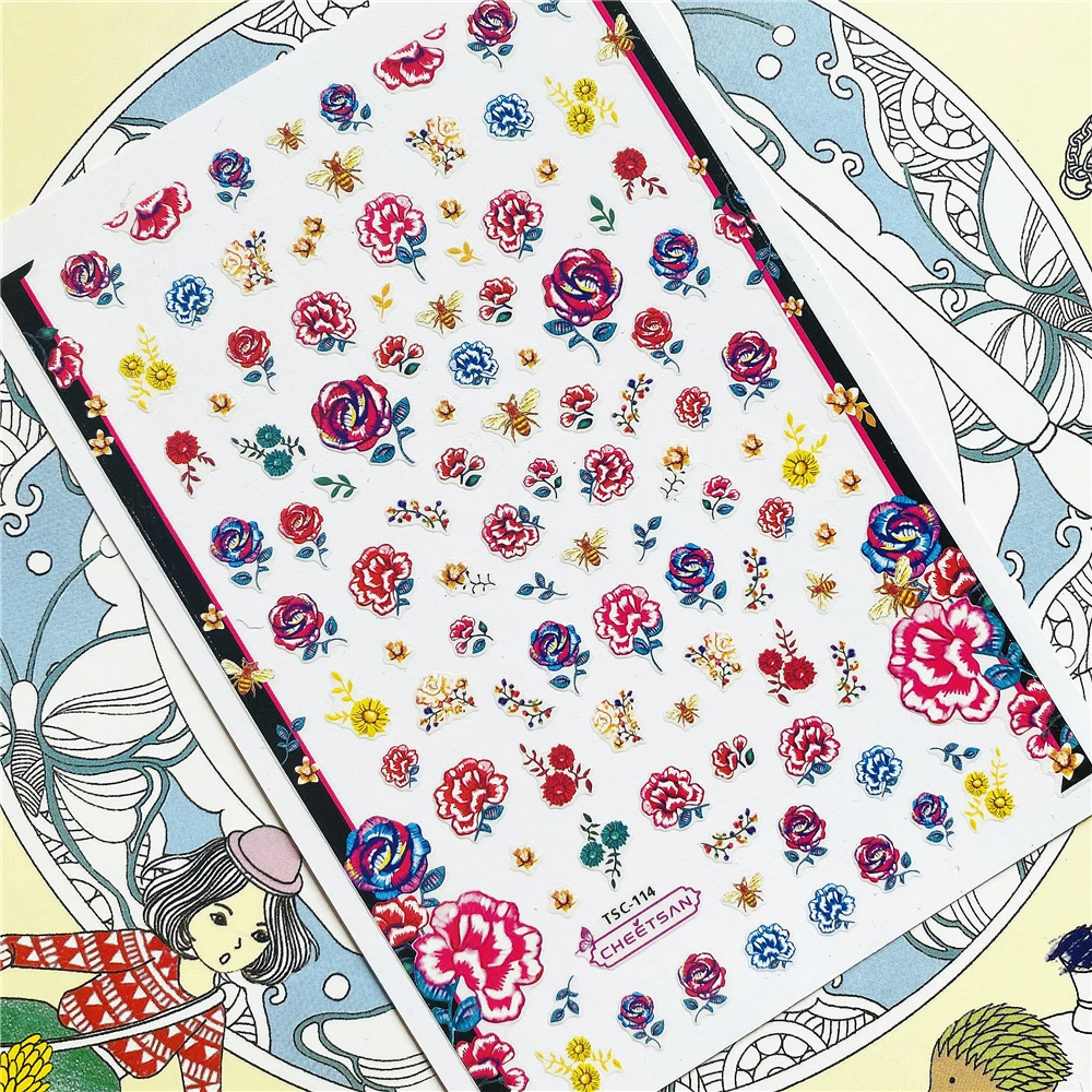 

TSC-114 TSC-119 Rose flower daisy flamingo dried flower 3D Back glue Nail Art Stickers Decals Sliders Nail ornament decoration