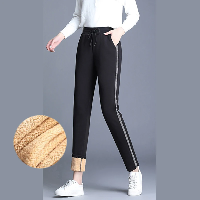 F1 silver striped Женские полосатые спортивные штаны, зимние утолщенные плюшевые шаровары из овечьей шерсти, корейские женские повседневные брюки, Pantalones Mujer Cintura Alta - Цвет: F1 silver striped