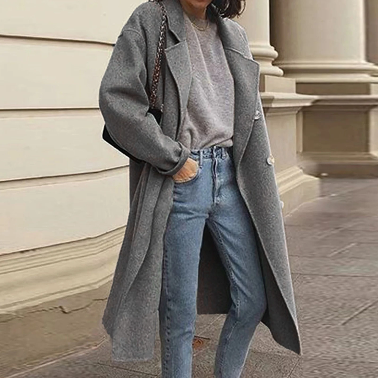 

Winter Women Long Sleeve Double-breasted Lapel Coat Jacket Mid-length Overcoat