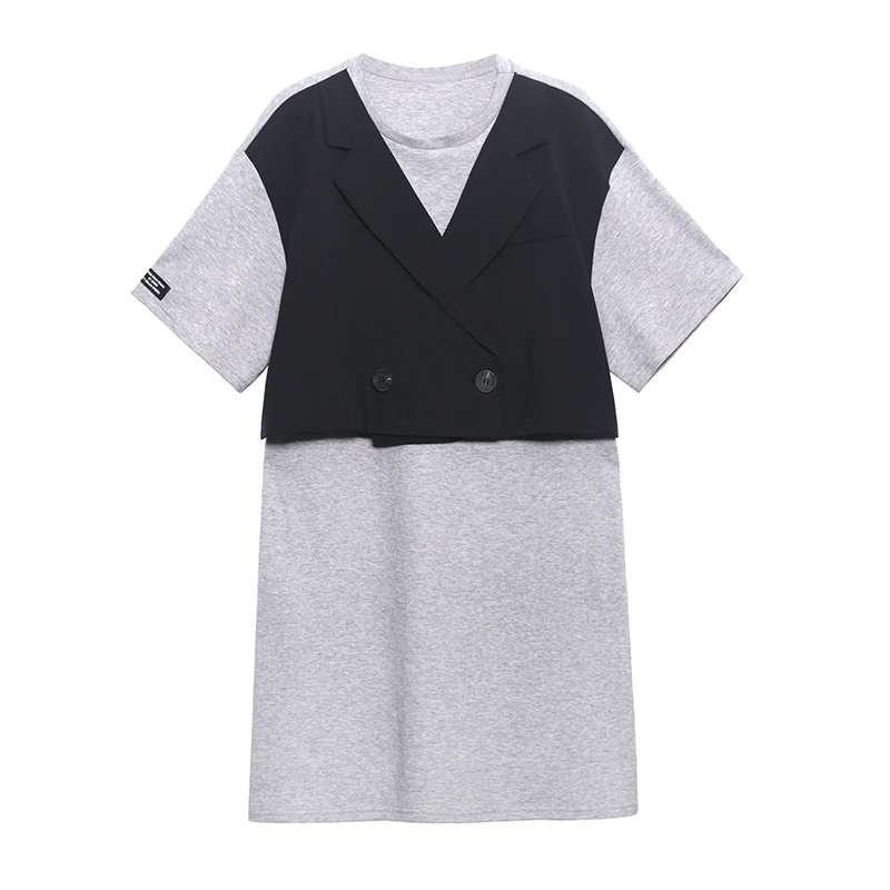 

XUXI 2021 Summer Dress Women Loose Casual Fashion Stitching Suit Fake Two Over The Knee Small Skirts E1376