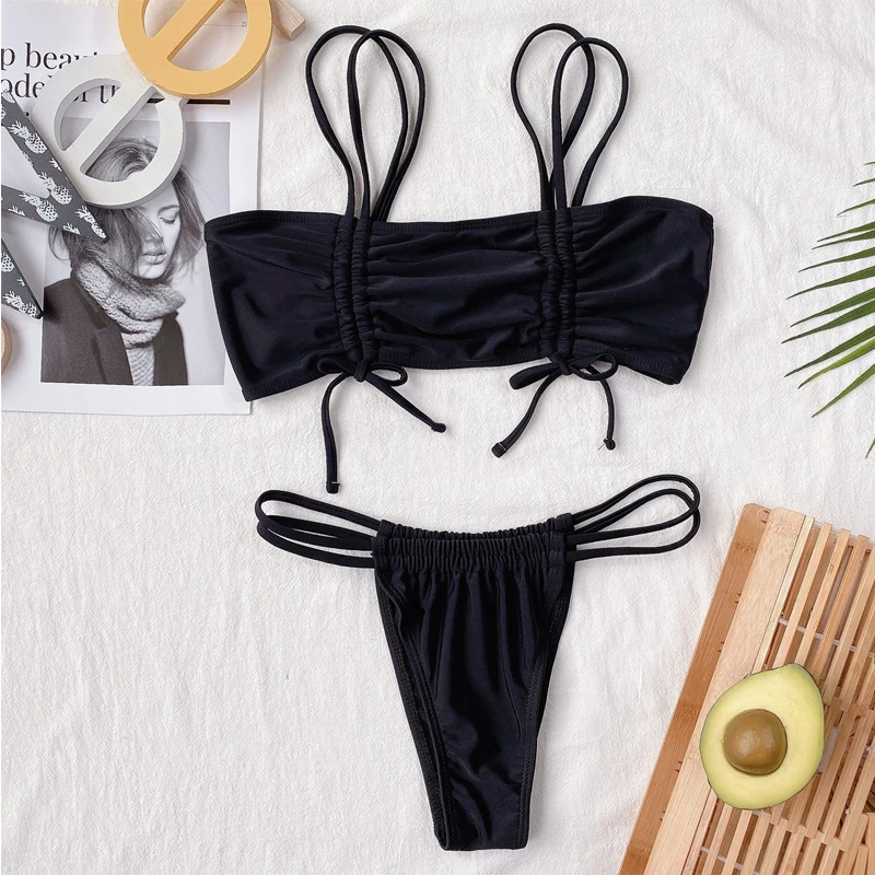 

Women Lace Up Pleated Plaid Bikini Female New Swimsuit Sexy Thong Swimwear Two Pieces Bikini Sets Padded Bather Bathing Suit