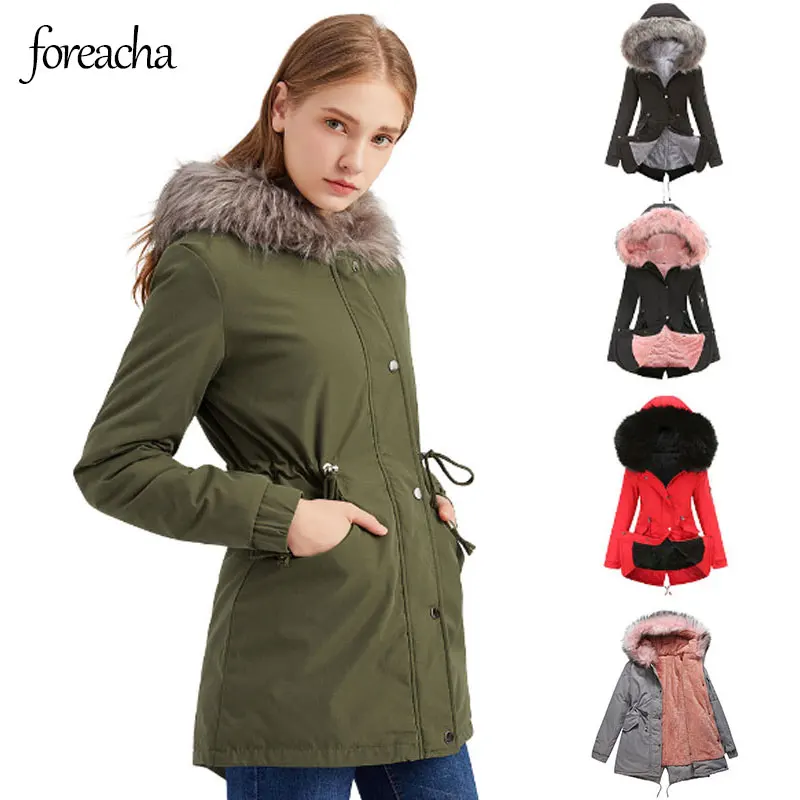 

Парка foreacha с капюшоном и меховым воротником, Женское пальто большого размера на молнии, зеленое бархатное теплое пальто, женская зимняя пар...