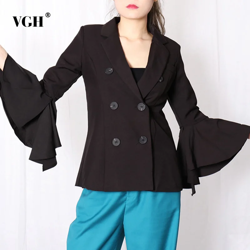 

VGH Flared Sleeve Casual Blazer Coat Women Long Sleeve Notched Collar Double Breasted Blazers Tops Female Fashion 2021 Autumn