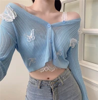 butterfly knit cardigans women sweet korean sexy v neck fitness crop tops ladies summer thin long sleeved sunscreen cardigan y2k