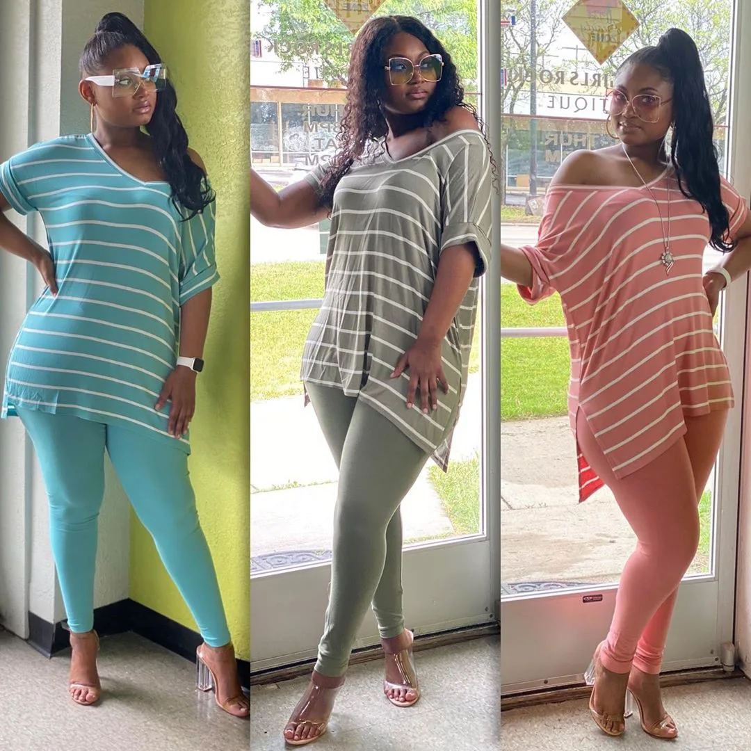 

2020 European and American Fashion Women's Loose Stripe Leisure Home Size Two Piece Set