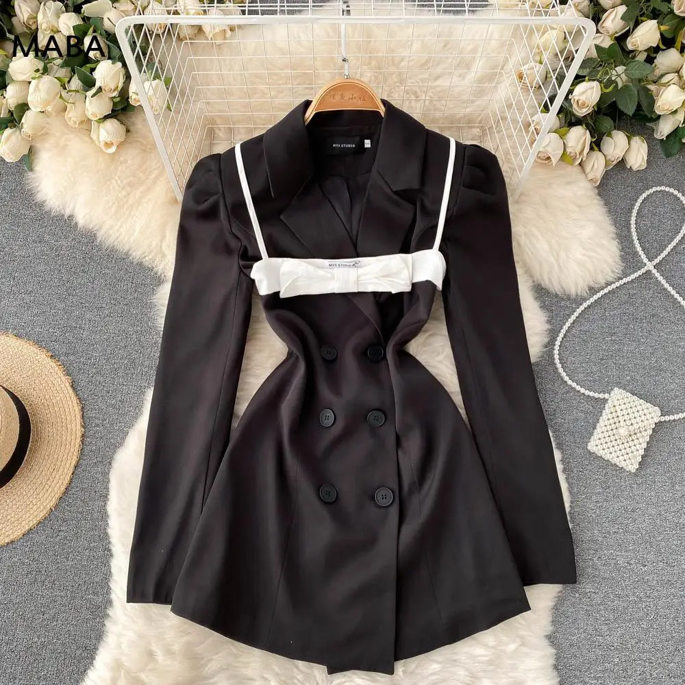 

Women Spring Autumn Dress Set Notched Stand Collar Long Sleeve Double Breasted Slim Fashion Designer Blazer Dress 2-piece Set