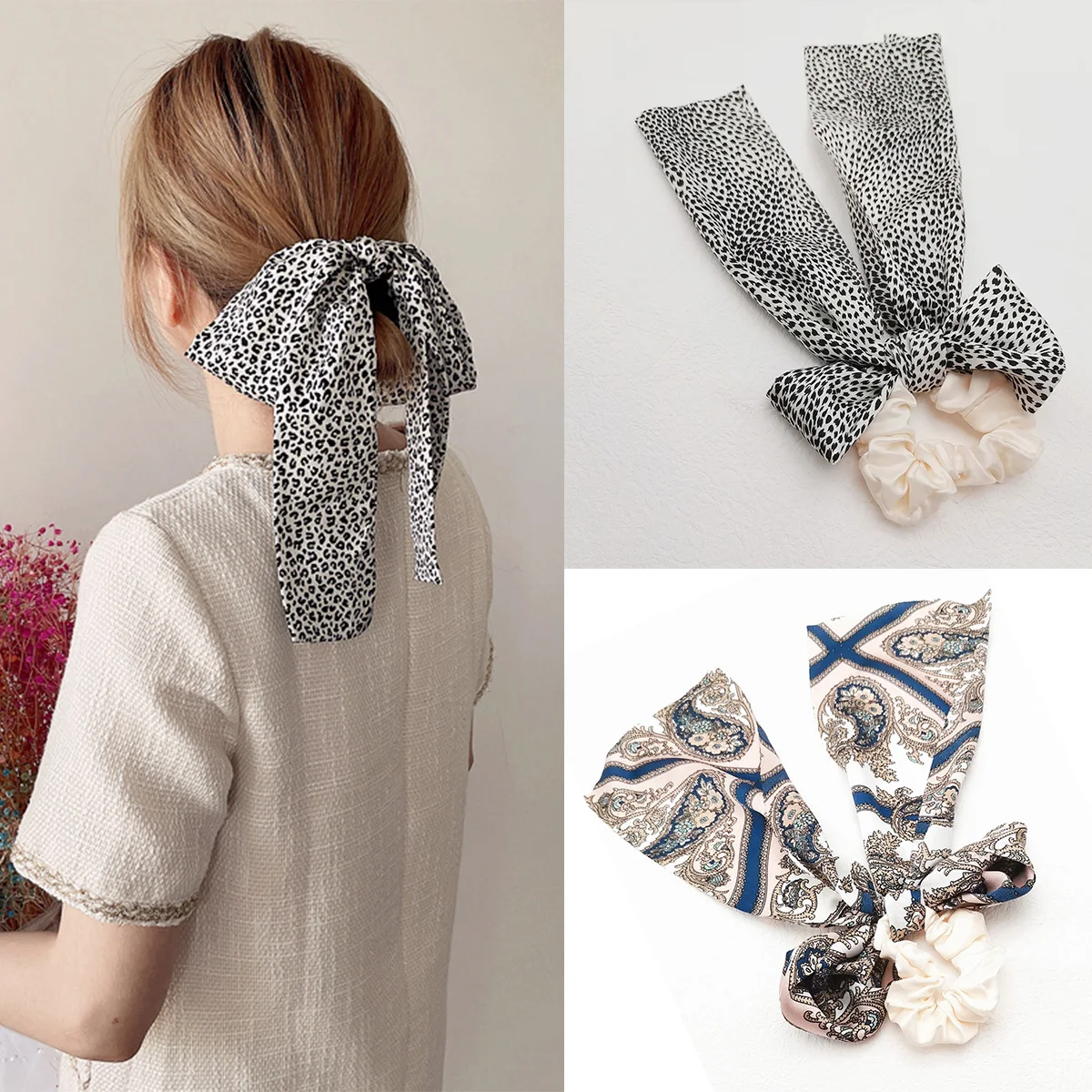 

Lystrfac Silky Long Ribbon Scrunchies for Women Girls Leopard Hairband Hair Tie Rope Female Vintage Hair Ring Hair Accessories