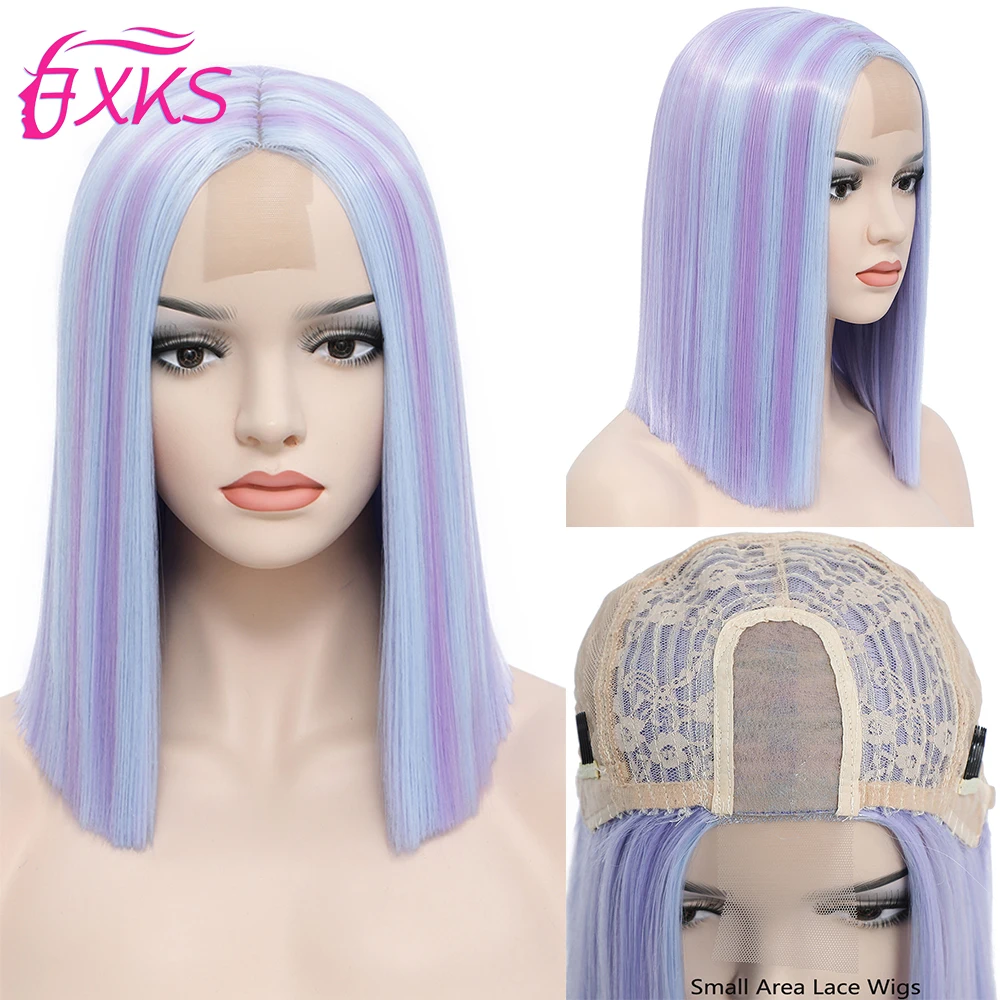 

Blue Synthetic Hair Lace Wigs Straight Hair Short Bob Lace Wigs With Mask Piano Colorful Hair Wigs Purple Pink Wigs 14Inch FXKS
