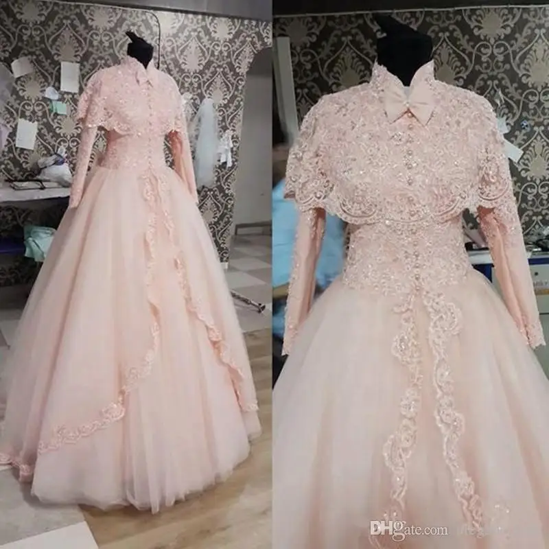 

Elegant Medieval Light Pink Wedding Dresses With Cape 2020 Long Sleeve Robe De Mariage A Line Women's Muslim Dress Bridal Gown