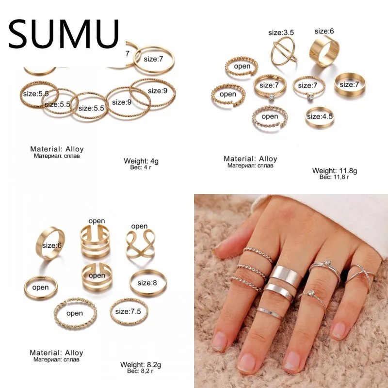 

SUMU Round Gold Sliver Rings Set For Women 2021 Vintage Crystal Twist Weave Finger Ring Knuckle Female Fashion Jewelry Gifts
