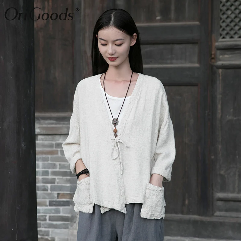 

OriGoods Linen Kimono Shirt Women V-neck Long Sleeve Autumn Shirt Blouse Kimono Style Vintage Shirt For Women Linen Tops C347