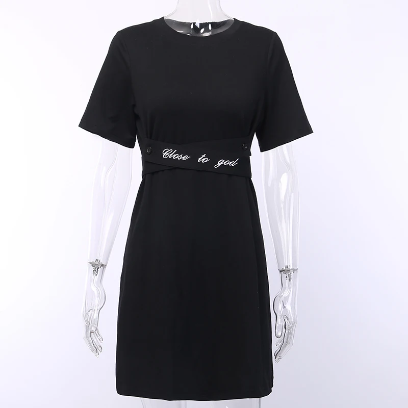 

Women T-shirt Dress Gothic Punk Black Solid Harajuku Loose Lady Dress Streetwear Belt Slim Lady Mini Cotton Dress