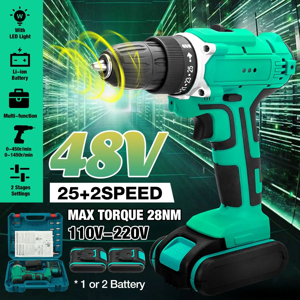 

48V 2 Speed Cordless Electric Drill Screwdriver Wireless Power Driver Tools Set with Drill Accessories Box 2 x 6000MAH Battery