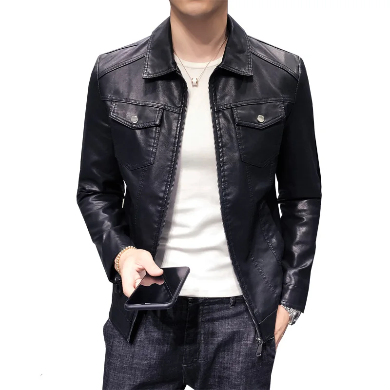 

2020 Fall new men's Lapel slim fit motorcycle leather jacket fashion slim fashion Multi Pocket leather coat