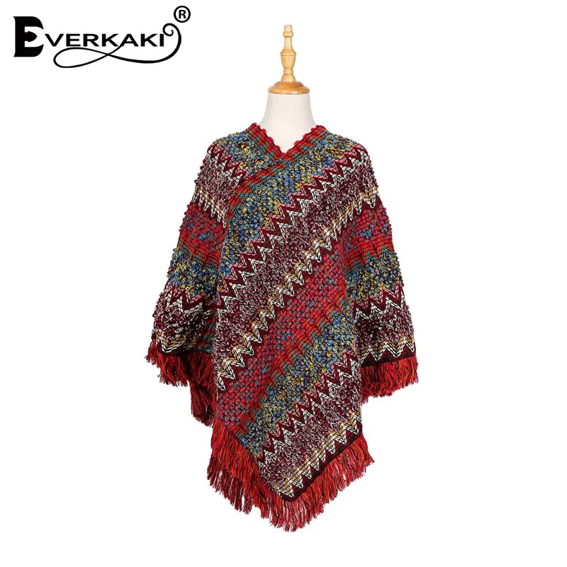 Everkaki кисточки Boho вязаный свитер шаль для женщин Обертывания толстый теплый богемный свитер шаль обертывания женский осень зима - Цвет: Red