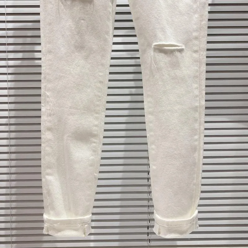 

Spring White Jeans Women Slim Fit Pencil Pants High Street Fashion Diamonds Pearls Single Breasted High Waist Denim Pants Female