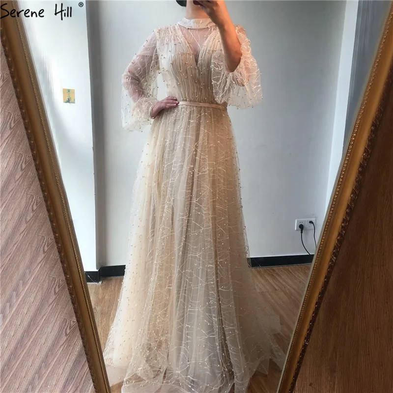 Серен Хилл шампанж жемчуг 2021 Длинные рукава латерн размера плюс вечерняя одежда