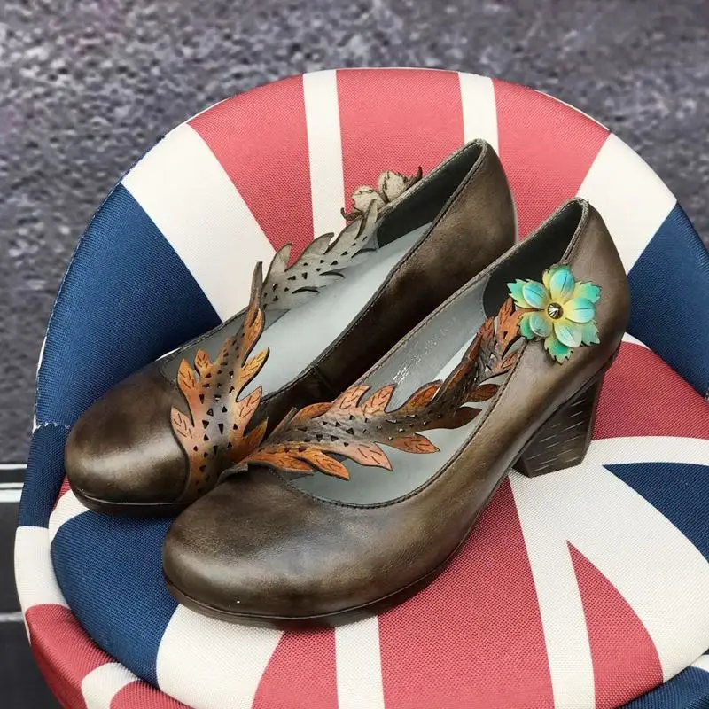 

Size 35-40 Fashion Flowers And Leaves Retro Design Real Genuine Leather High Heel Shoes Spring Commuter Female Women Heels Shoes