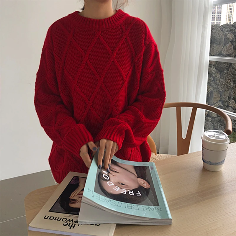 

Trendy Winter Women Thickness Warm Sweater Casual Female Argyle Knitted Pullovers Solid Color Loose Ladies Knitwear Tops