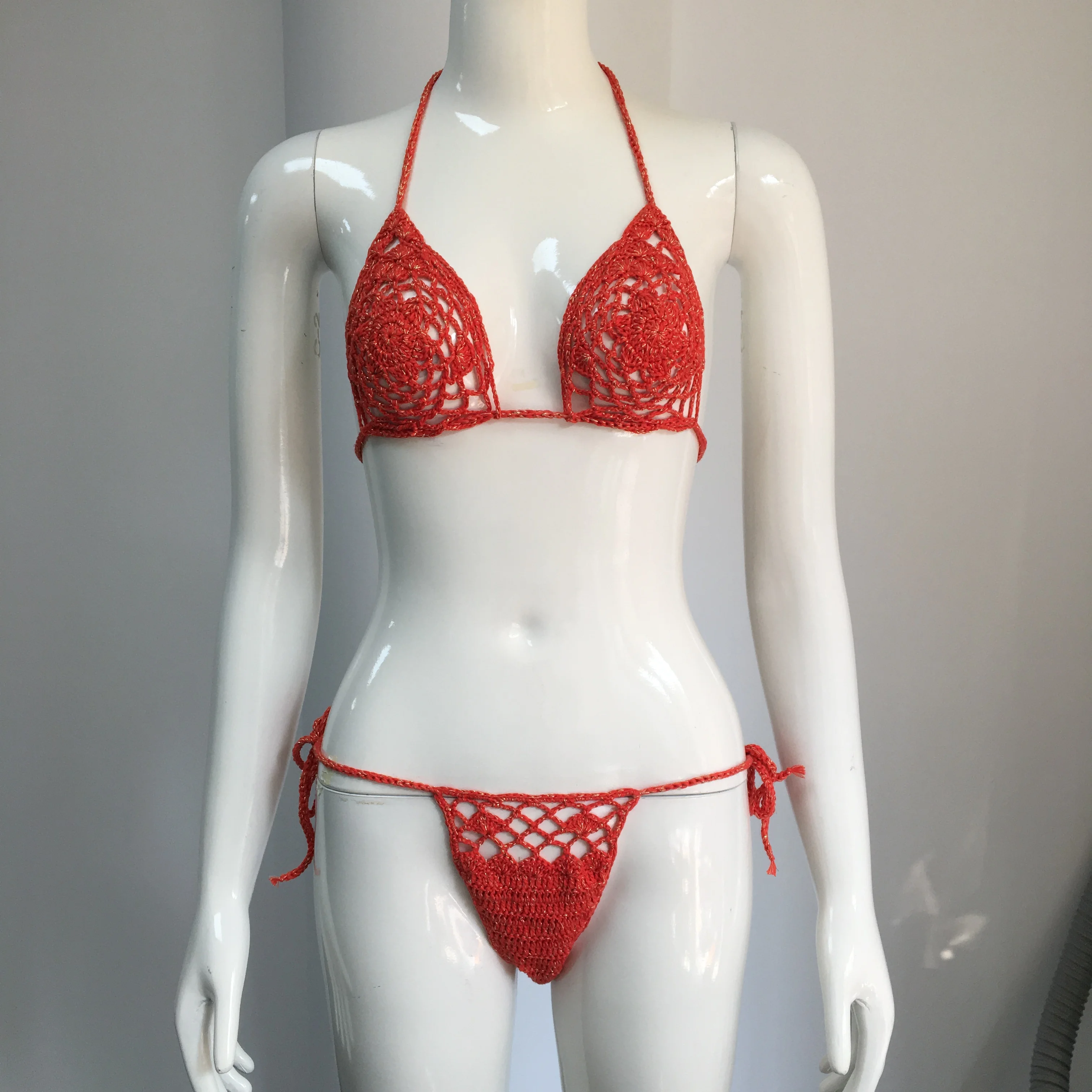 

Women Sports Bikini Set Bronze Metallic Sexy Swimsuit Hand Made Crochet Beachwear