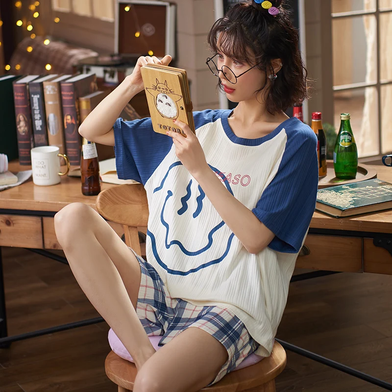 CAIYIER Summer Women Pajamas Set Cute Cartoon Print Sleepwear Short Sleeve Shorts Girl Nightwear Homewear Leisure Sexy Hot Pants