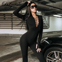 dulzura lace up cross women black long sleeve v neck jumpsuit with shoulder pad skinny sexy streetwear casual 2021 autumn winter