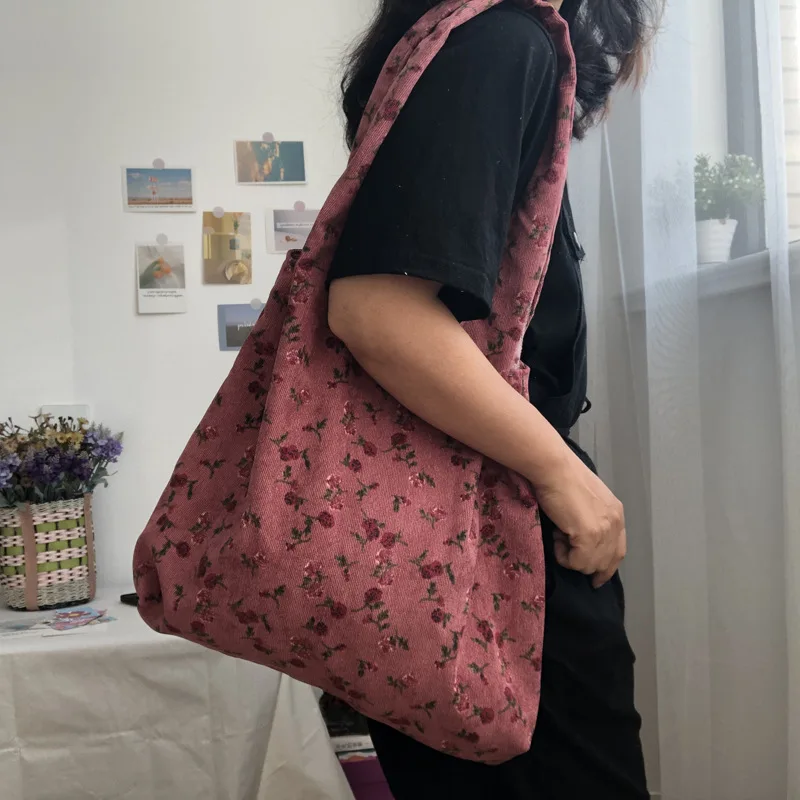 

Floral Pattern Women's Casual Tote Shopping Bag Retro Corduroy Female Large Shoulder Bags Student Girls Portable Purse Handbags