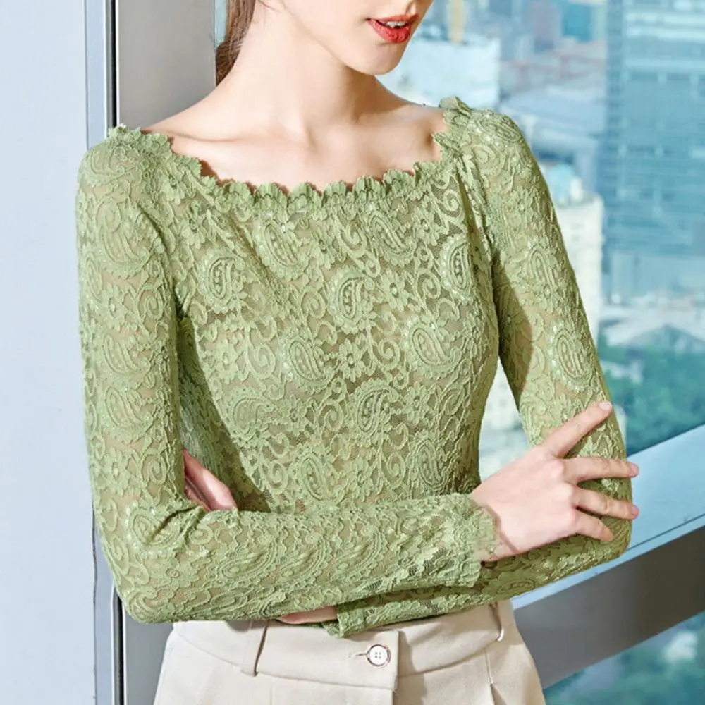 

Женский кружевной топ, элегантная Просвечивающая Базовая Блузка с длинным рукавом, облегающая футболка, лето-осень