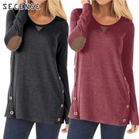 women t shirt long sleeve o neck loose splice button stitching fabric tops autumn winter street wear female clothing secense