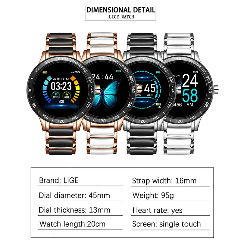 

LIGE New Waterproof Smartwatch Ceramic Strap Men Fitness Tracker Blood Pressure Heart Rate Monitoring Sport Smart Watch Women