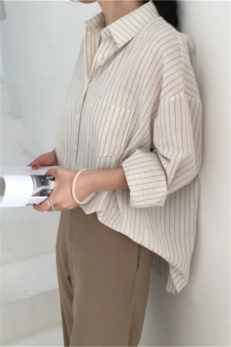 

GOOHOJIO 2021 New Spring Autumn Female Shirts Women Striped Shirts Office Lady Style Women Shirts Solid Fashion Long Sleeves