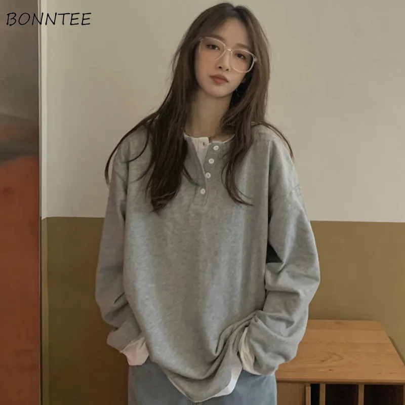 

Women No Hat Hoodies Fake-two Pieces Button Sweatshirts Fur-line Autumn Loose Korean Style Students Simple Casual Tops Pullover