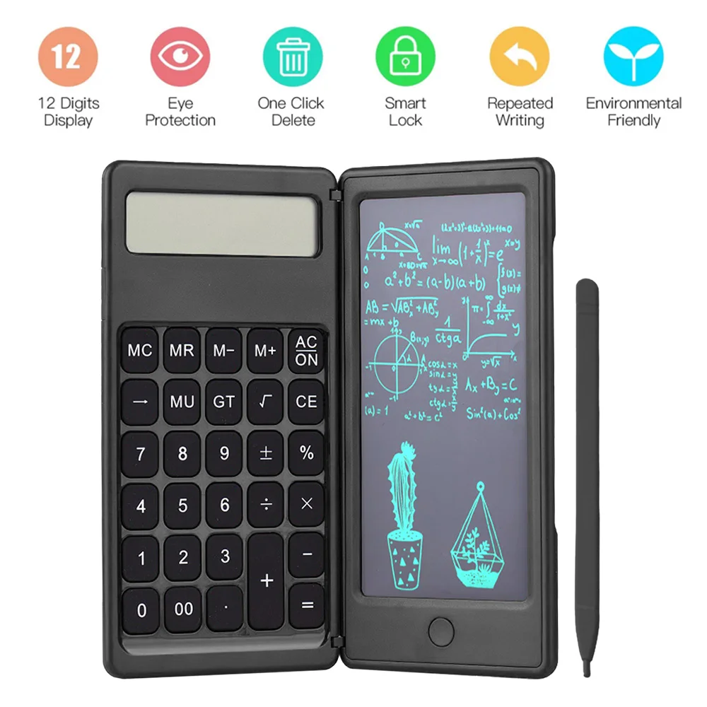 

Foldable Calculator & 6 Inch LCD Writing Tablet Digital Drawing Pad 12 Digits Display with Stylus Pen Erase Button Lock Function