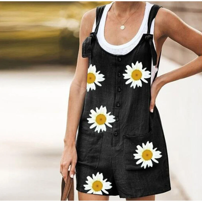 

Women Rompers Summer Casual Loose Sleeveless Jumpsuit Solid Button Pocket Suspenders Bib Short Pants Wide Leg Playsuits Overalls