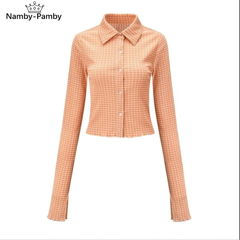 

Blusas 2021 Spring Autumn Vintage Lapel Long Sleeve Plaid Flared Sleeve Female Cardigan Shirt Women Short Slim Sexy Blouses Tops