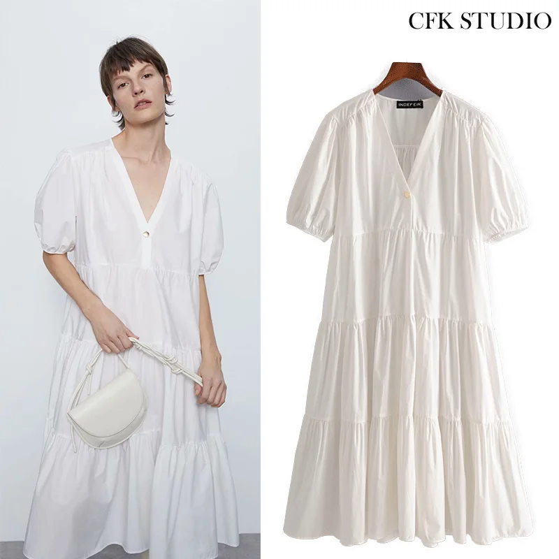 Женское платье миди с v образным вырезом ZA белое однотонное свободное коротким