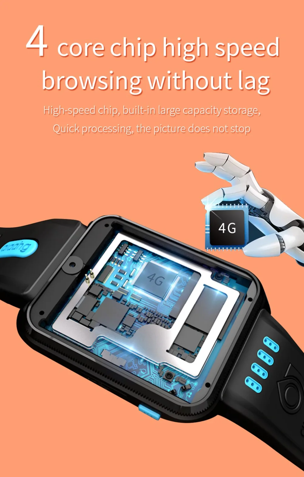 4G Смарт-часы Android GPS Bluetooth Wi-Fi 1,54 дюймов экран 1080 мАч большой аккумулятор 4 Гб 4 ядра чип-камера 200pix